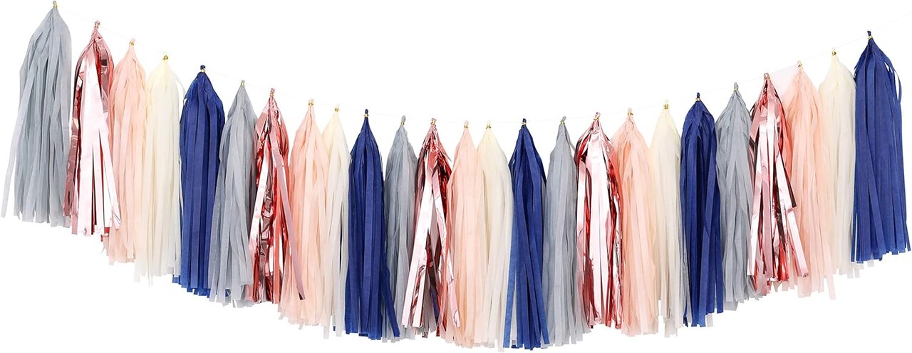 Tissue Paper Tassel Garland (Pack of 25pcs, Navy Gray Beige Rose Gold Champagne)